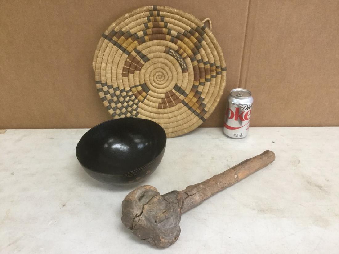 3 INDIAN ARTIFACTS INCL. WOVEN MAT, CLUB, AND GOURD (1 of 5)