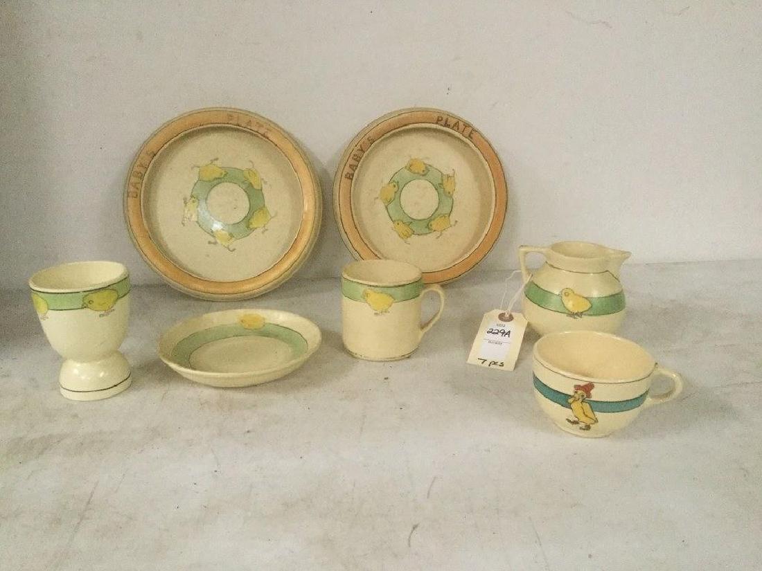 7 PC. ROSEVILLE ART POTTERY BABY DISHES INCLUDING CUP (1 of 1)