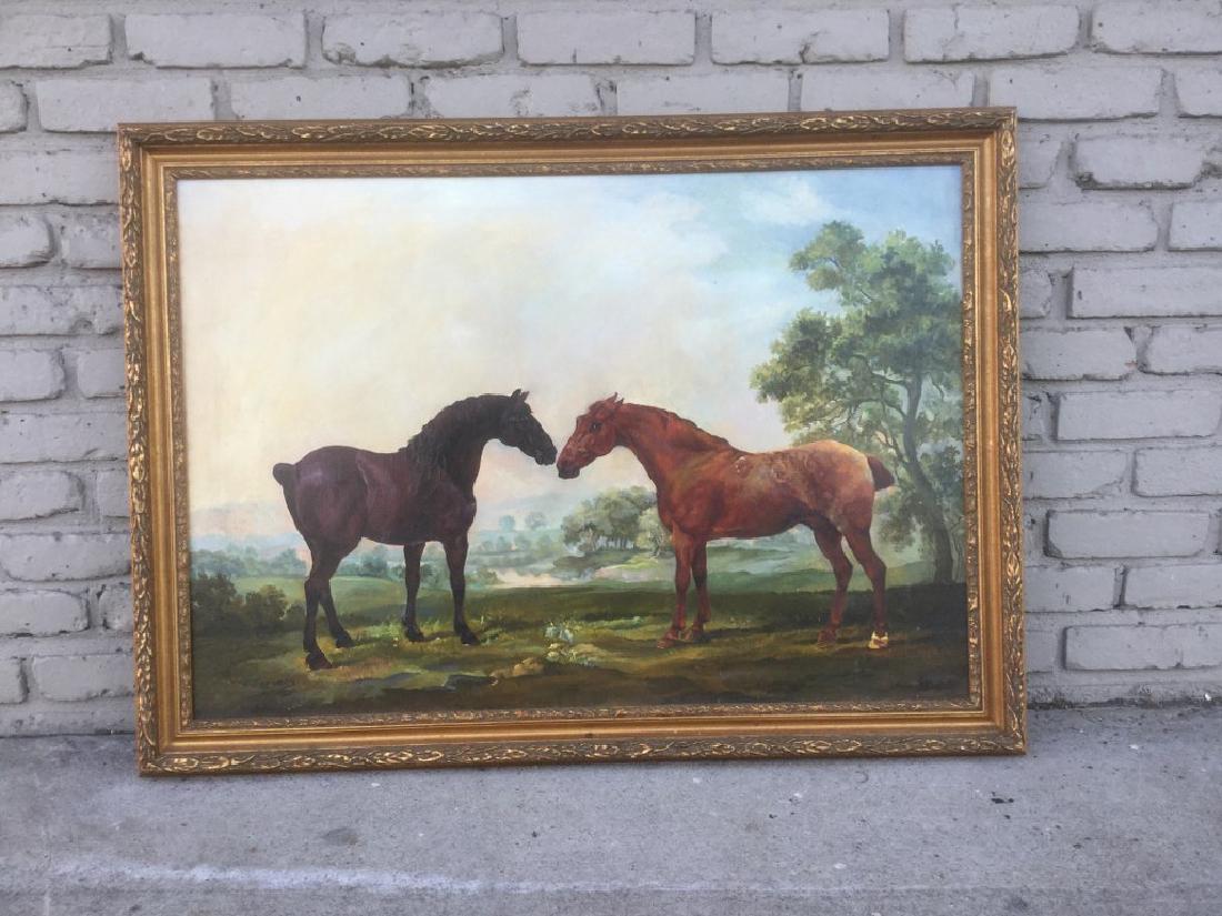 GEORGE STUBBS DECORATIVE PAINTED GICLEE OF 2 HORSES,: GEORGE STUBBS DECORATIVE PAINTED GICLEE OF 2 HORSES, DECORATIVE FRAME, CANVAS MEASURES 25" X 36".