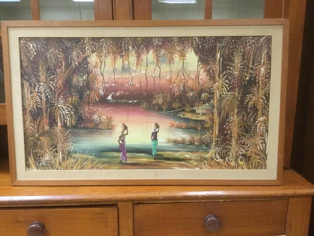 A W DOE O/B LANDSCAPE FROM THE FLOYD PATTERSON ESTATE,: A W DOE O/B LANDSCAPE FROM THE FLOYD PATTERSON ESTATE, INSCRIBED ON THE BACK FROM ARTIST TO FLOYD PATTERSON, THE SCENERY IS IMPORTANT BECAUSE OF ITS NEARNESS TO THE AKOSOMBO DAM. IT IS ATIMPOKU BY NAM