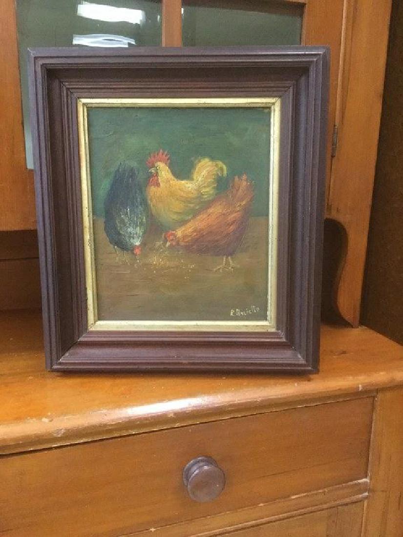O/B 3 CHICKENS SIGNED R. ARCIELLO IN VICTORIAN WALNUT (1 of 2)