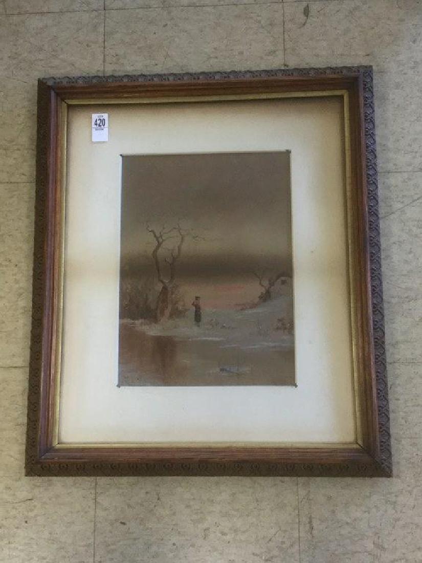 CIRCA 1900 M. BECK  W/C WINTER LANDSCAPE, WOMAN WALKING (1 of 3)