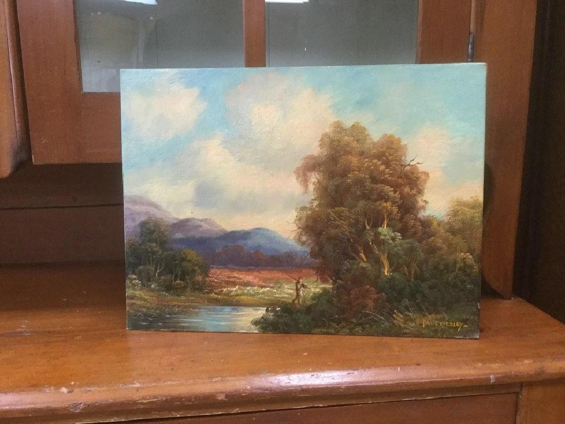 PAUL WESLEY ARNDT O/B LANDSCAPE, WITH HUNTER WALKING: PAUL WESLEY ARNDT O/B LANDSCAPE, WITH HUNTER WALKING WITH RIFLE, SIGNED PAUL WESLEY IN LOWER RIGHT. PAINTING MEASURES 12" X 16", FROM ESTATE COLLECTION OF LANDSCAPE PAINTINGS WE ARE SELLING.