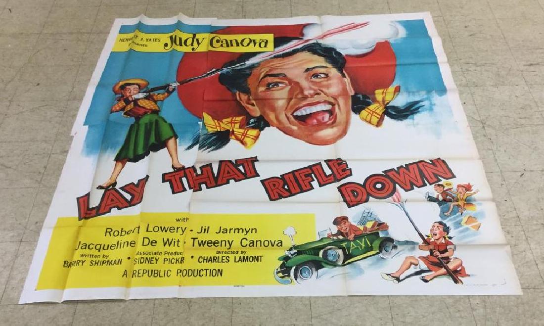 6 SHEET MOVIE POSTER LAY THAT RIFLE DOWN, STARRING JUDY: 6 SHEET MOVIE POSTER LAY THAT RIFLE DOWN, STARRING JUDY CANOVA, 1955, NICE OVERALL FOLDED CONDITION, FROM UPSTATE N.Y. MOVIE POSTER THEATER FIND. MEASURES 81" X 81".