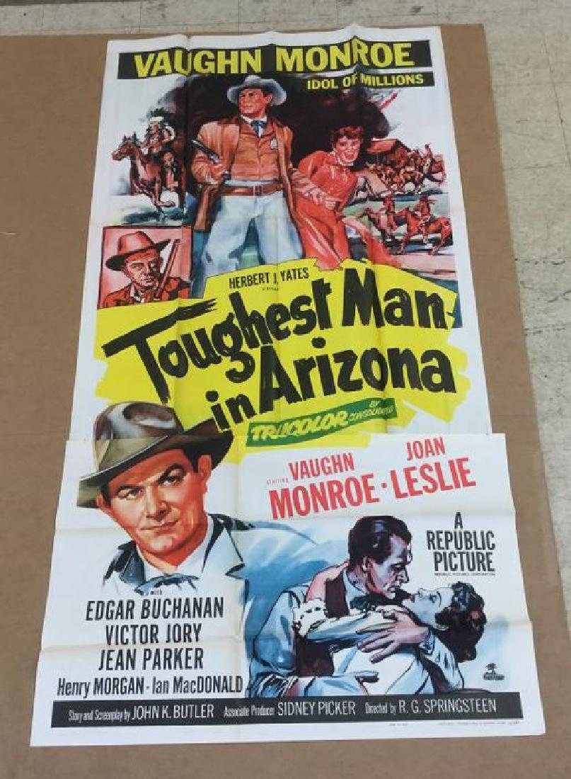 3 SHEET MOVIE POSTER TOUGHEST MAN IN ARIZONA, 1952,: 3 SHEET MOVIE POSTER TOUGHEST MAN IN ARIZONA, 1952, UNFOLDED CONDITION, FROM OLD THEATER IN UPSTATE, N.Y. MEASURES 81" X 41".