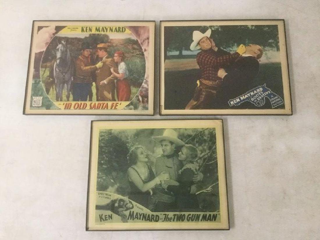 3 WESTERN LOBBY CARDS WITH KEN MAYNARD INCLUDING THE: 3 WESTERN LOBBY CARDS WITH KEN MAYNARD INCLUDING THE TWO GUN MAN, BOOTS OF DESTINY & IN OLD SANTA FE, FRAMED, IN GOOD CONDITION, FROM UPSTATE NEW YORK MOVIE COLLECTION, AS PICTURED