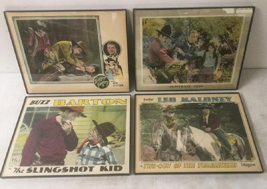 4 EARLY WESTERN LOBBY CARDS INCLUDING TRIGGER FINGERS: 4 EARLY WESTERN LOBBY CARDS INCLUDING TRIGGER FINGERS WITH BOB CUSTER, 1925 DESPERATE ODDS, 1927 BUZZ BARTON IN THE SLINGSHOT KID & LEO MALONEY IN TWO-GUN OF THE TUMBLEWEED, FRAMED, SOME STAINING, FRO