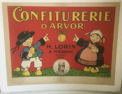 CONFITURERIE D'ARVOR FRENCH POSTER, C. 1910, LINEN: CONFITURERIE D'ARVOR FRENCH POSTER, C. 1910, LINEN BACKED, H. LORIN A MESSAC (I. & V.)FRANCE, IMP. D'ART G. BERTRAND. PARIS, MEASURES 31 1/2" X 23 1/2", IN GOOD CONDITION, AS PICTURED