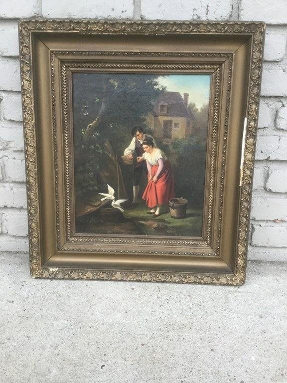 19TH C O/C MAN & WOMAN WITH BIRDS, SIGNED ILLEGIBLY (1 of 2)