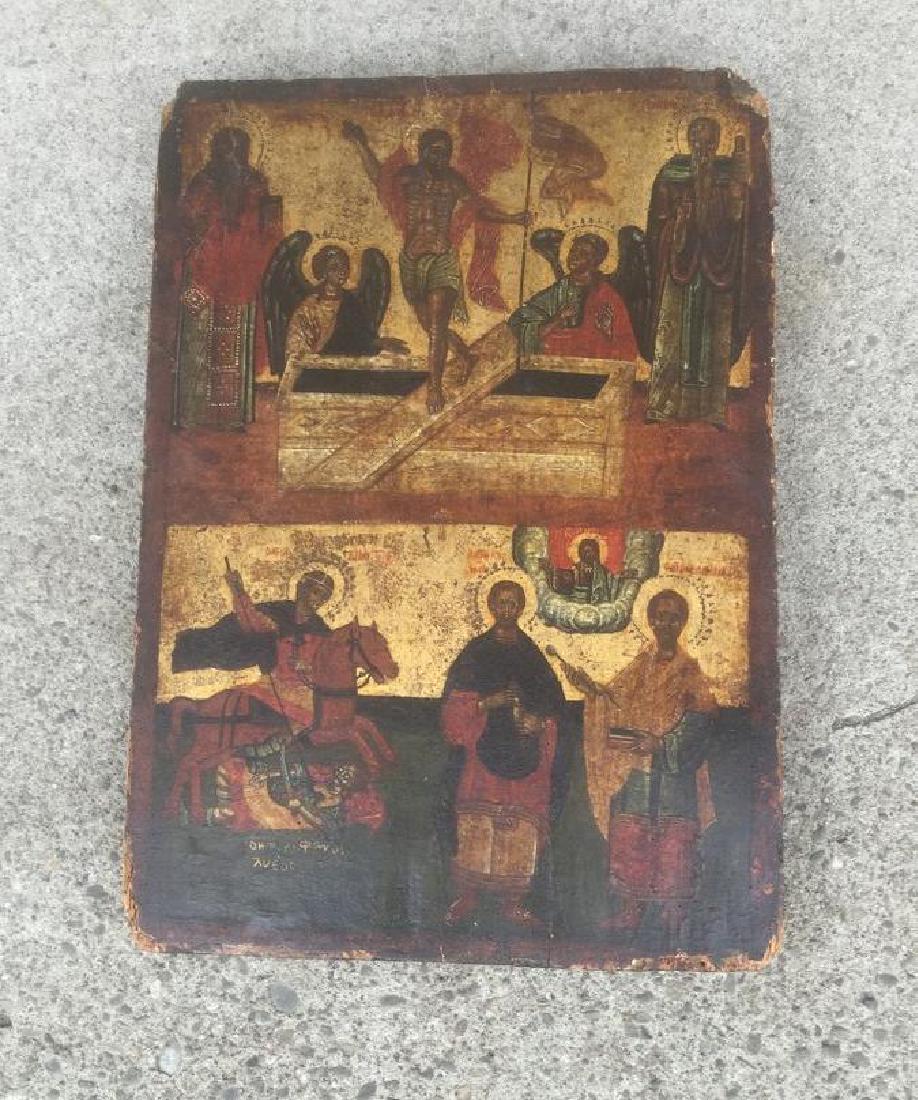 EARLY HAND PAINTED ICON ON OLD WOOD PANEL, MEASURES 18" (1 of 10)