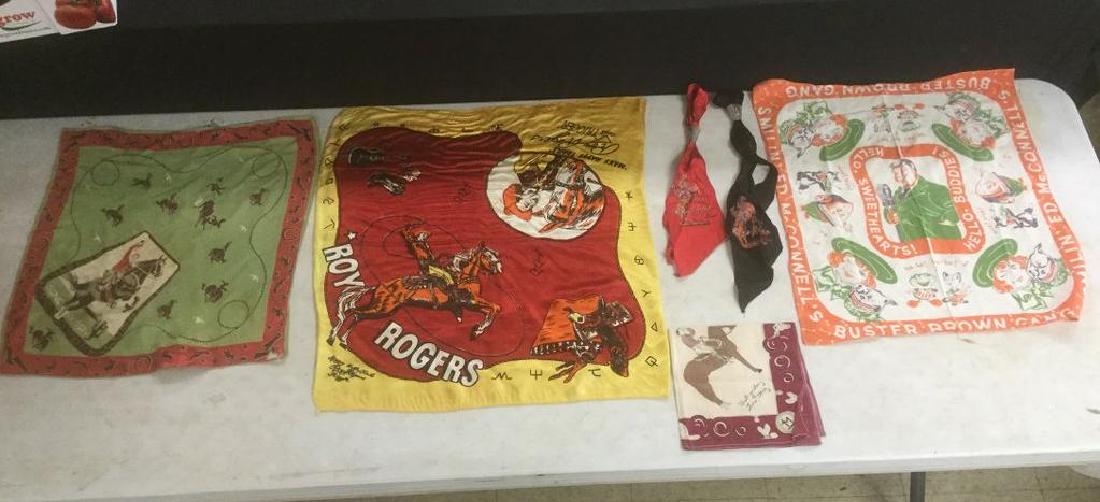 LOT OF 6 OLDER WESTERN STAR NECKERCHIEFS AND: LOT OF 6 OLDER WESTERN STAR NECKERCHIEFS AND HANDKERCHIEFS, INCLUDING GENE AUTRY, TOM MIX, 3 ROY ROGERS AND TRIGGER & SMILIN' ED MCCONNELL'S BUSTER BROWN GANG, SOME HAVE TEARS, AS PICTURED
