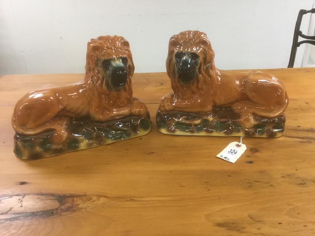 PAIR STAFFORDSHIRE RECLINING LIONS, MEASURE 12" LONG, (1 of 5)