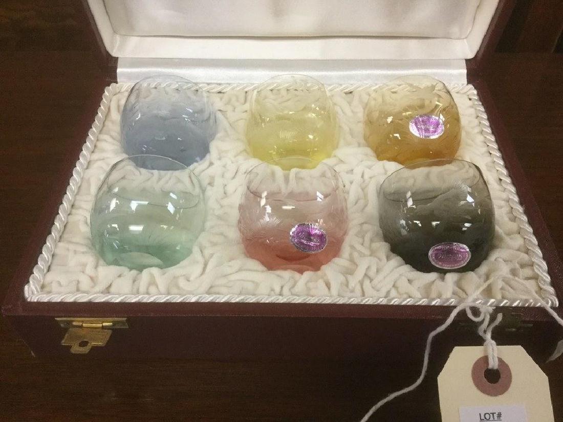 MOSER BOXED SET OF ETCHED COCKTAIL GLASSES, 3: MOSER BOXED SET OF ETCHED COCKTAIL GLASSES, 3 W/ORIGINAL LABELS, ETCHED WITH BIRDS, MEASURE 1 3/4" HIGH, 1 3/4" ACROSS, EXCELLENT CONDITION, IN FITTED CASE, AS PICTURED
