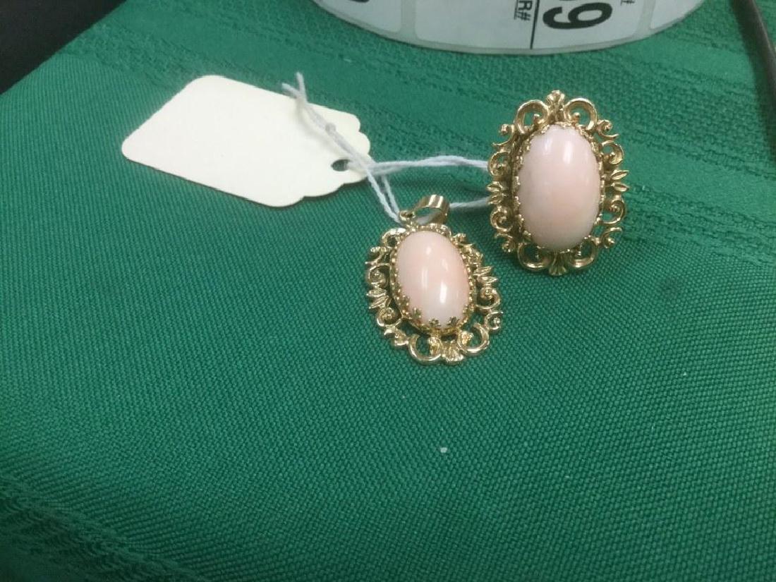 14 K GOLD OVAL CORAL RING AND PENDANT, ORNATE SETTINGS, (1 of 1)