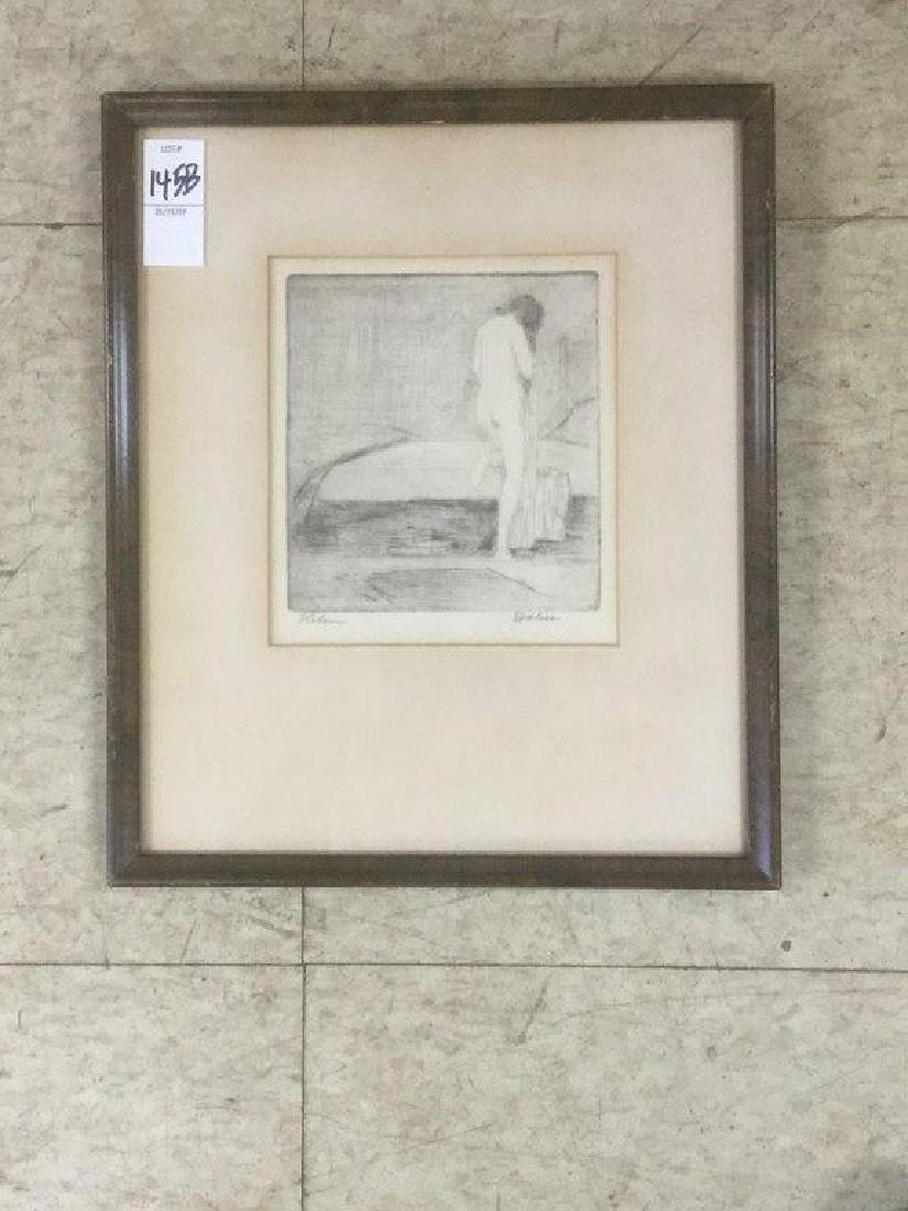 LEON LOUIE DOLICE NUDE WOMAN ETCHING BY BED TITLE HELEN: LEON LOUIE DOLICE NUDE WOMAN ETCHING BY BED TITLED HELEN, IN FRAME OF THE PERIOD. ETCHING MEASURES 7" X 6". (American 1892-1960)......