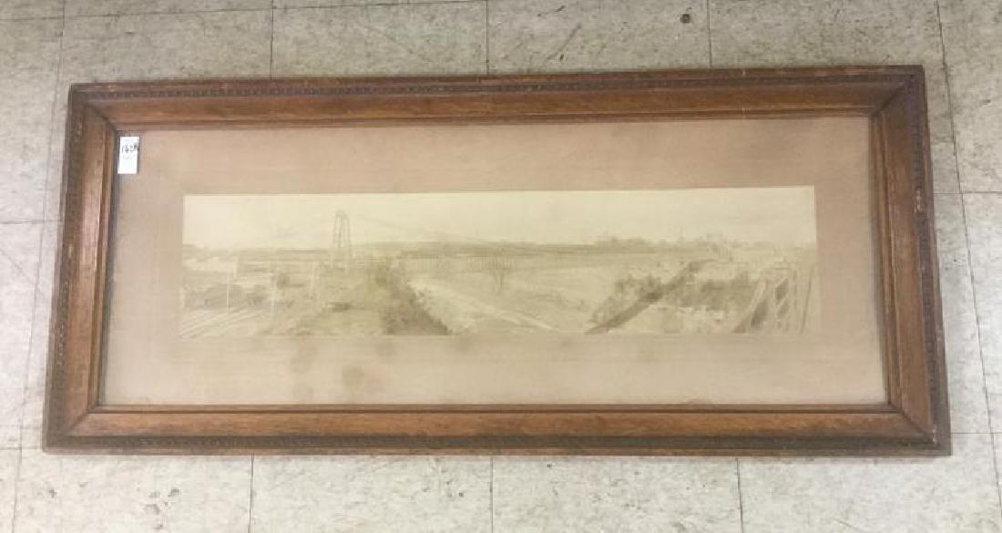 H F PEARSON LARGE PHOTO NIAGARA FALLS SUSPENSION BRIDGE: H F PEARSON LARGE PANORAMIC PHOTOGRAPH OF THE NIAGARA FALLS SUSPENSION BRIDGE, WITH TRAIN RUNNING. TROLLEY CARS ON BOTTOM LEFT, HAS 2 TEARS NEAR BOTTOM LEFT CENTER, PIECE IS THERE, JUST A TEAR. IN OAK