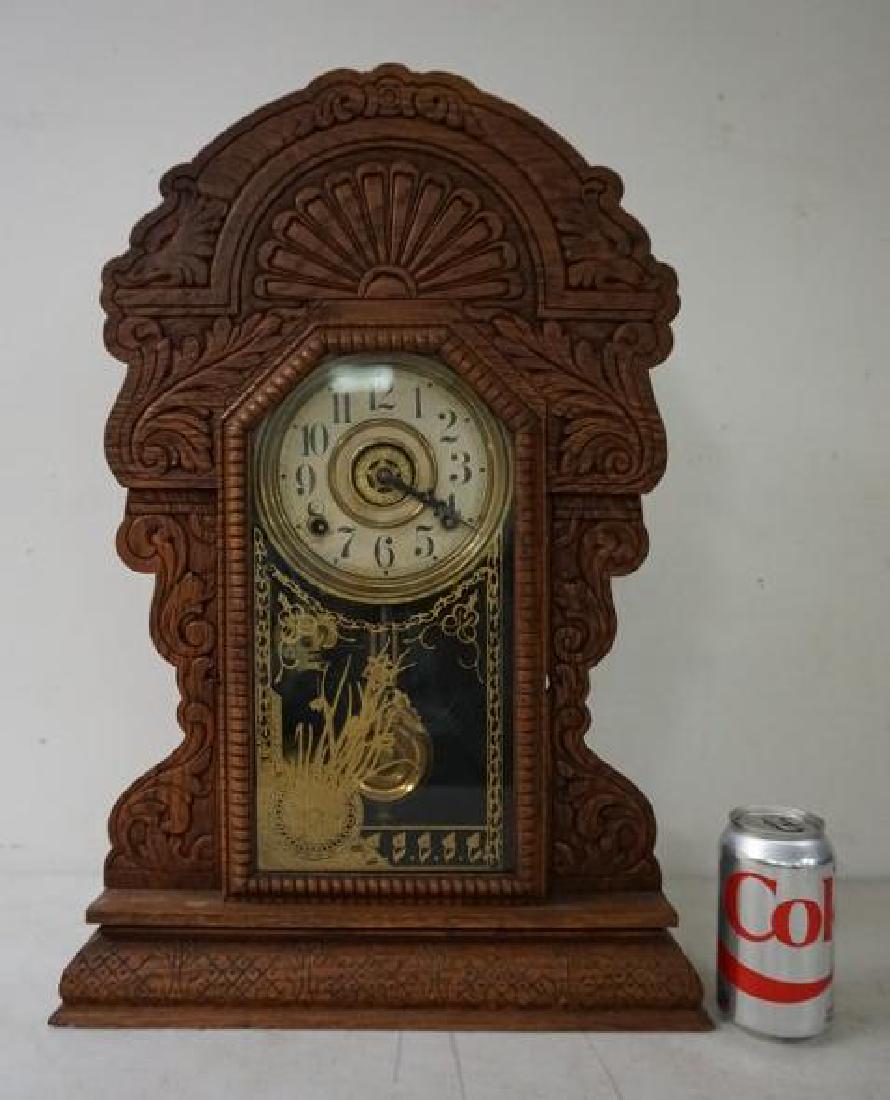 SESSIONS OAK GINGERBREAD MANTEL CLOCK, RUNNING, HAS (1 of 2)