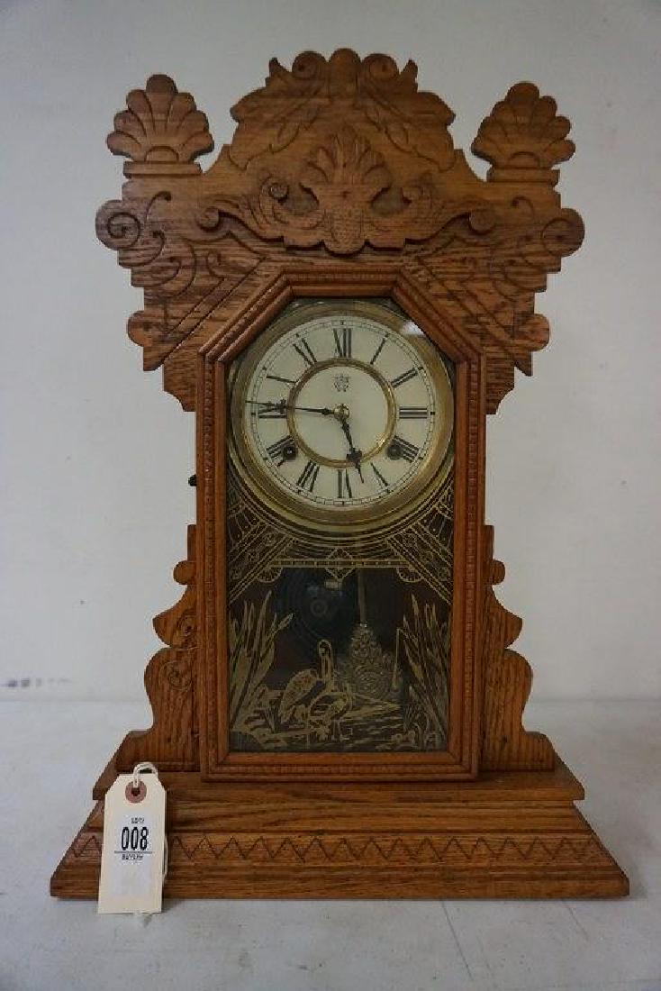 WATERBURY CLOCK CO. JAMAICA OAK MANTEL CLOCK, RUNNING, (1 of 2)