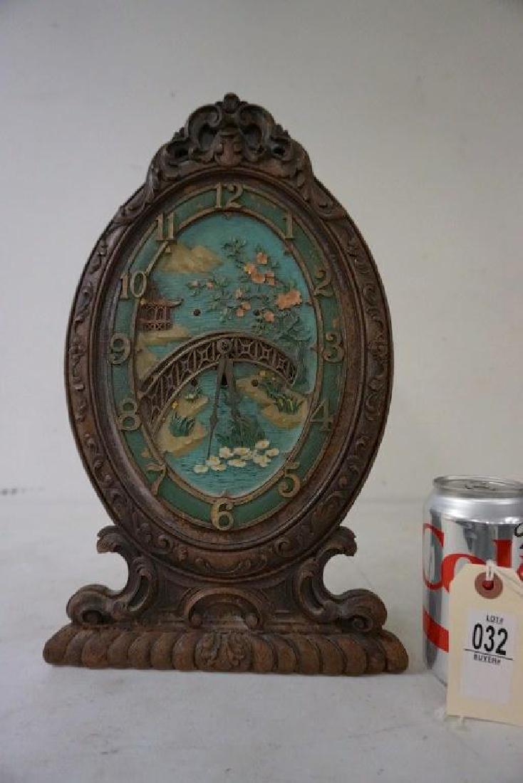 SYROCO MANTEL CLOCK W/ASIAN LANDSCAPE CENTER, NO KEY,