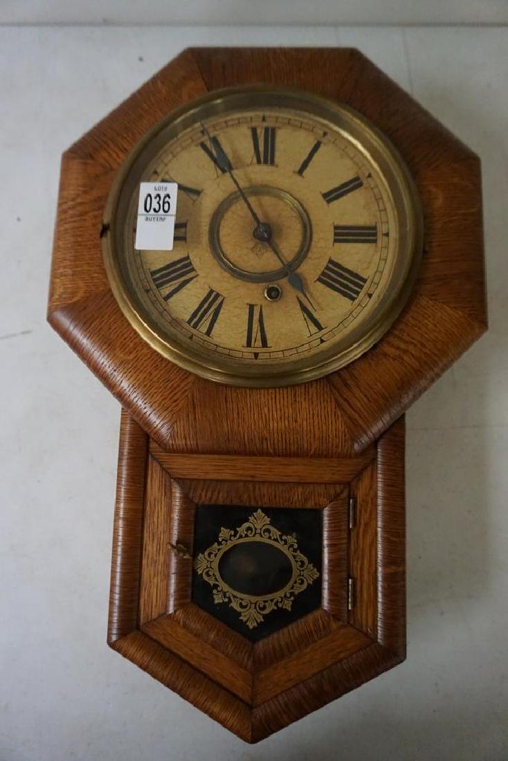 ANSONIA OAK WALL CLOCK W/PENDULUM AND KEY, RUNNING, (1 of 6)