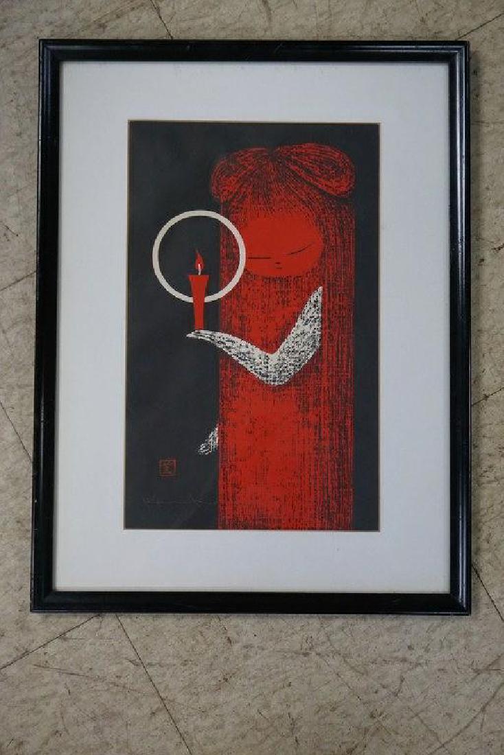KAORU KAWANO SIGNED PRINT OF FIGURE HOLDING A CANDLE, (1 of 3)