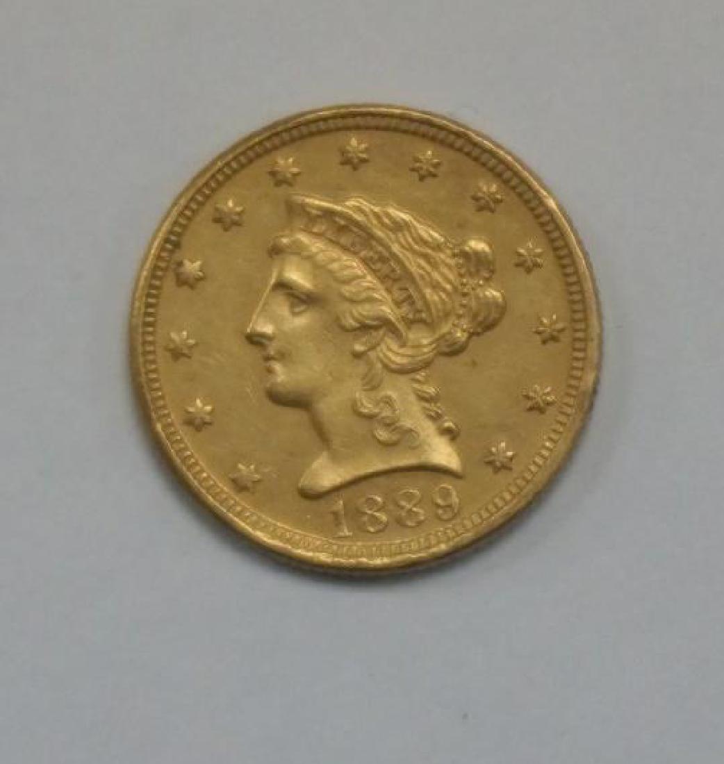 1889 $2 1/2 DOLLAR LIBERTY GOLD COIN, AU PLUS. (1 of 2)