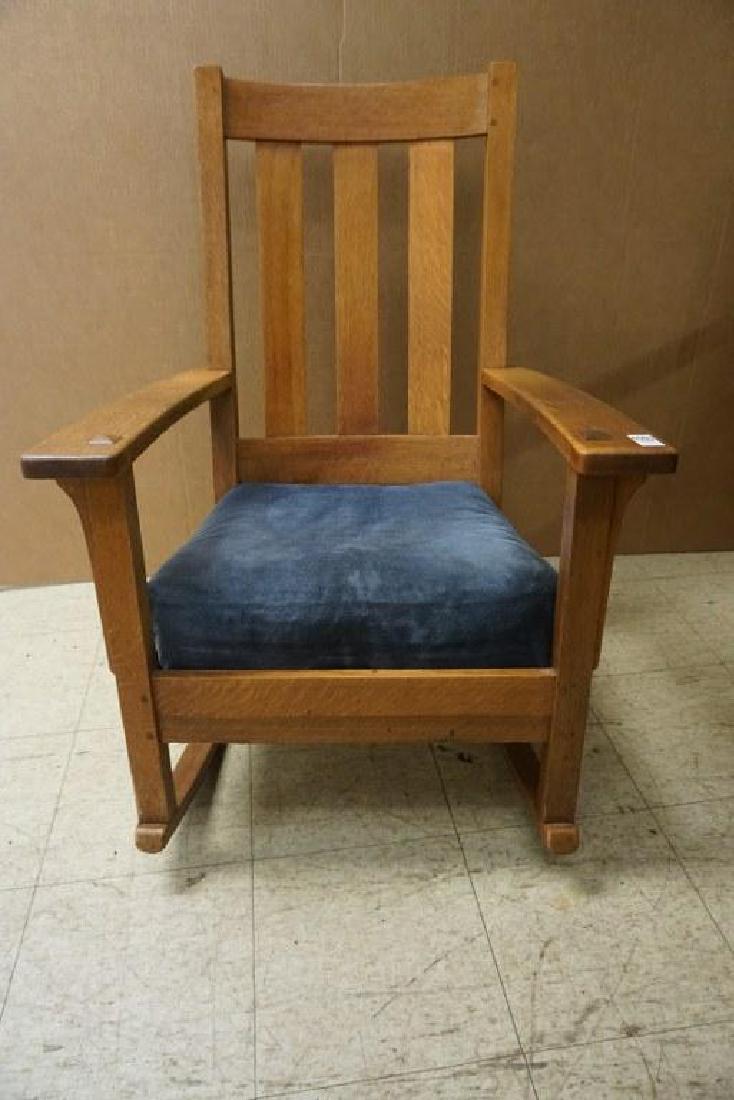 LIMBERTS TALL BACK MISSION OAK ROCKING CHAIR, STAMPED: LIMBERTS TALL BACK MISSION OAK ROCKING CHAIR, STAMPED UNDER ARM, NICE CONDITION, AS PICTURED