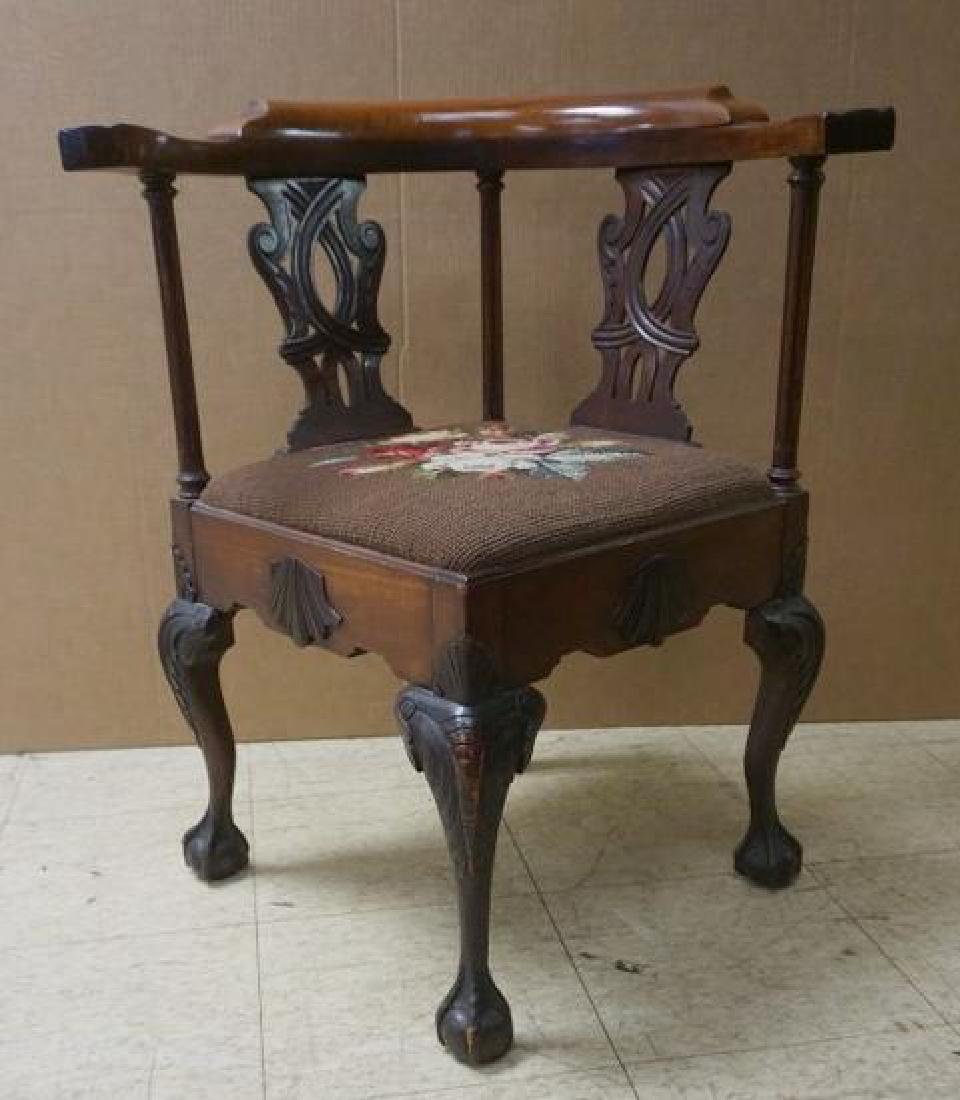 MAHOGANY CIRCA 1900 NEEDLEPOINT CORNER CHAIR, CARVED (1 of 4)