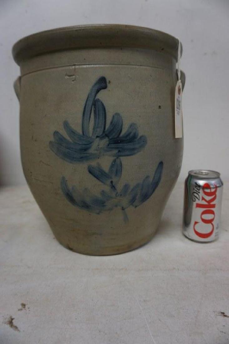 4 GALLON BLUE DECORATED STONEWARE CROCK WITH FLOWER, (1 of 2)