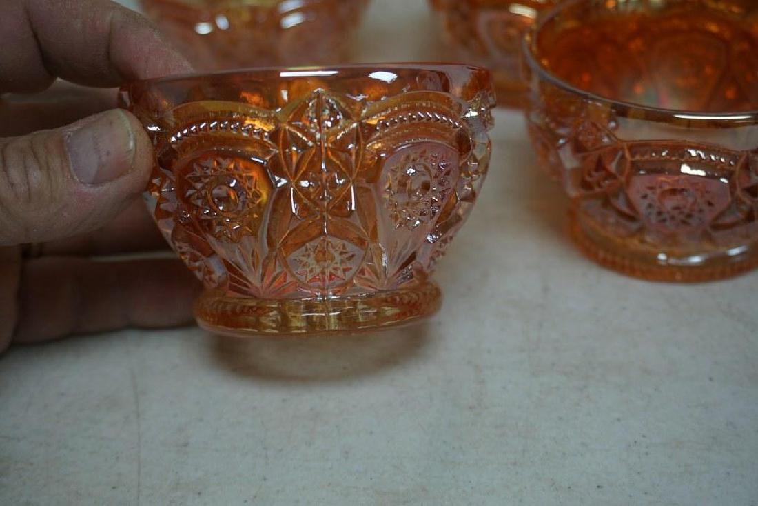 SMALL CARNIVAL GLASS PUNCHBOWL SET WITH 6 CUPS,: SMALL CARNIVAL GLASS PUNCHBOWL SET WITH 6 CUPS, UNMARKED, BOWL ON PEDESTAL MEASURES 9" HIGH AND 11" ACROSS, I SEE NO CHIPS…..