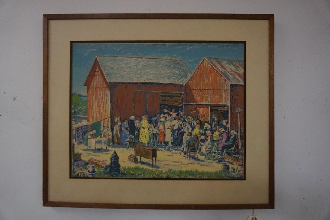 HARRY SKOKLER 1942 PRINT AUCTION AT RED BARN, IN PERIOD: HARRY SKOKLER 1942 PRINT AUCTION AT RED BARN, IN PERIOD FRAME, PRINT MEASURES 14" X 18 1/4", SIGNED BOTTOM RIGHT, AS PICTURED