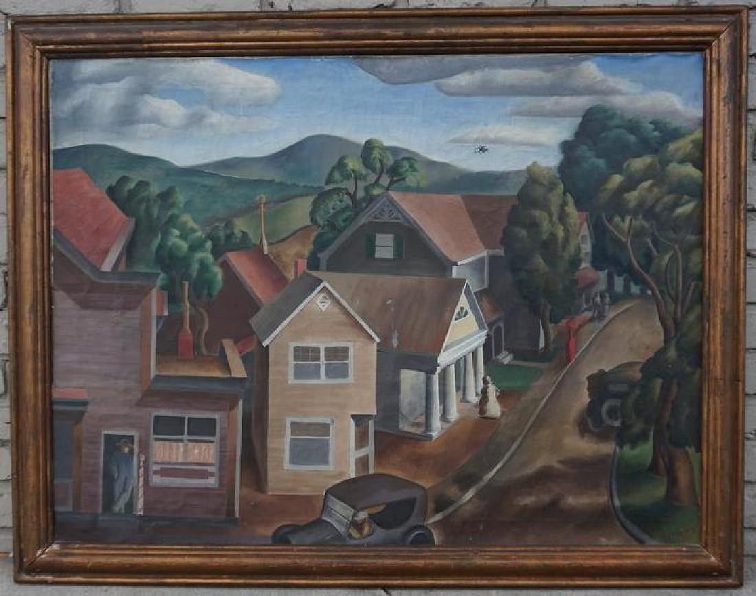 IMPORTANT HENRY BILLINGS O/C OF THE WOODSTOCK NY TOWN: IMPORTANT HENRY BILLINGS O/C OF THE WOODSTOCK NY TOWN SQUARE, CIRCA 1930'S, THIS IS THE FIRST TIME THIS PAINTING HAS BEEN OFFERED, SIGNED LOWER RIGHT, IN ORIGINAL FRAME OF THE PERIOD, A FEW MINOR PAIN