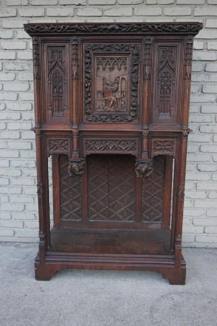 GOTHIC CARVED OAK CABINET W/3 DRAWERS, CARVED MEN UNDER (1 of 9)
