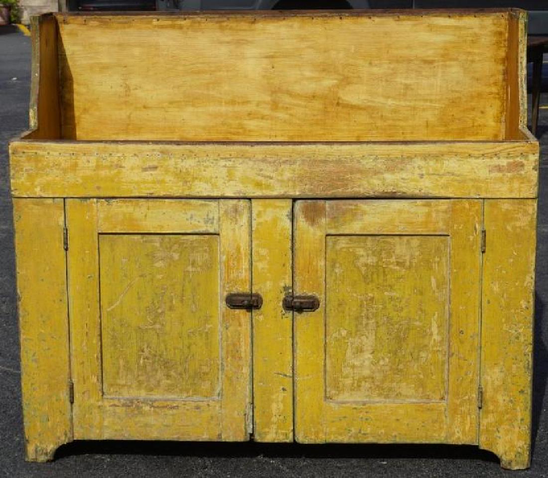 EARLY CUPBOARD BASE IN OLD YELLOW PAINT, SHELVES (1 of 4)