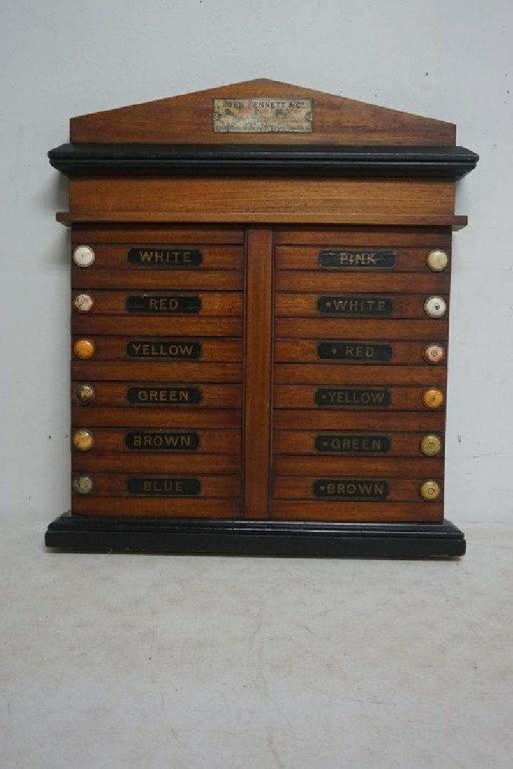 OLD JOHN BENNETT & CO. BILLIARD TABLE MAKERS HANGING: OLD JOHN BENNETT & CO. BILLIARD TABLE MAKERS HANGING WOODEN SCOREBOARD, MEASURES 23" HIGH X 20 1/2" ACROSS, AS PICTURED