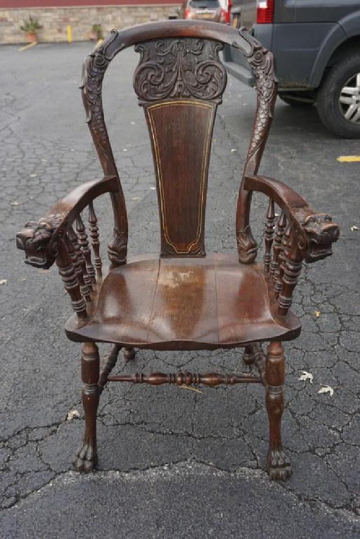 CARVED OAK ARMCHAIR WITH LION HEADS ON ARMS, AND (1 of 7)