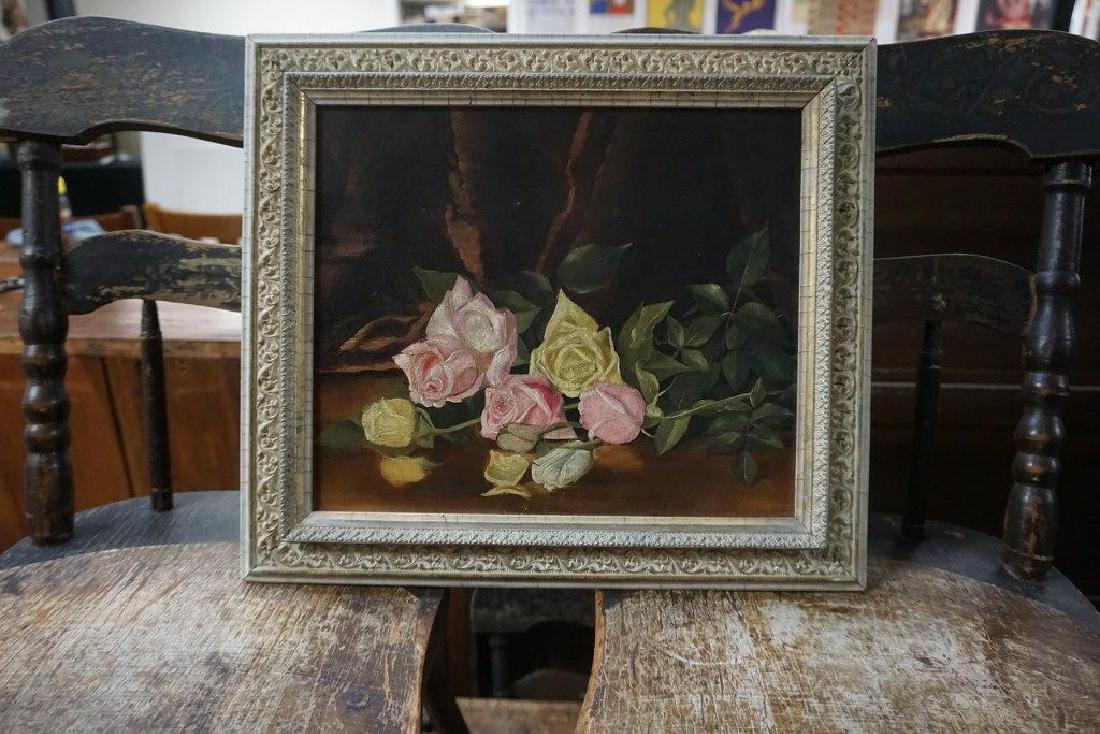 JULIA DILLON (?) STYLE O/C FLORAL STILL LIFE, UNSIGNED,: JULIA DILLON (?) STYLE O/C FLORAL STILL LIFE, UNSIGNED, CAME FROM OLD KINGSTON, N.Y. ESTATE, WHERE SHE WORKED AND LIVED, NICELY EXECUTED, CANVAS MEASURES 11" X 13".