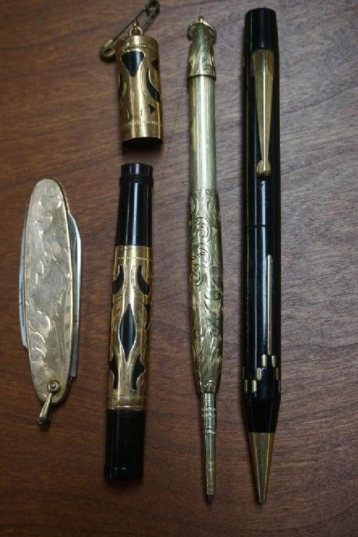 WATERMANS 14K LADIES OVERLAY SAFETY PEN, 14K: WATERMANS 14K LADIES OVERLAY SAFETY PEN, 14K RETRACTABLE PENCIL, GOLD FILLED POCKET KNIFE AND CHILTON PENCIL, AS PICTURED