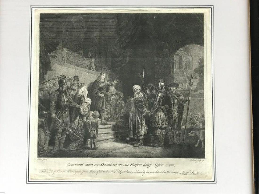 WILLIAM BAILLIE 1764 ETCHING TITLED CONVICERAT ENIM EOS: WILLIAM BAILLIE 1764 ETCHING TITLED CONVICERAT ENIM EOS DANIEL EX ORE SUO FALFUM DIXIFSE TESTIMONIUM. FRAMED AND MATTED WITH BRASS PLACQUE, PRINT MEASURES 16" X 16 1/2", FROM HUDSON VALLEY ESTATE, NIC