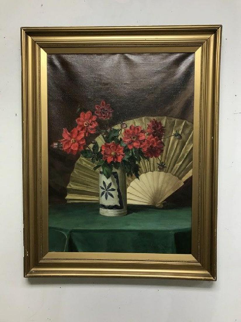 CARLE BLENNER O/C FLORAL STILL LIFE WITH FAN IN: CARLE BLENNER O/C FLORAL STILL LIFE WITH FAN IN BACKGROUND, SIGNED LOWER RIGHT, CANVAS MEASURES 28 1/2" X 21", NICE CONDITION. (1862-1952) ACTIVE IN NEW YORK, CT., AND EUROPE, KNOWN FOR HIS STILL LIFE
