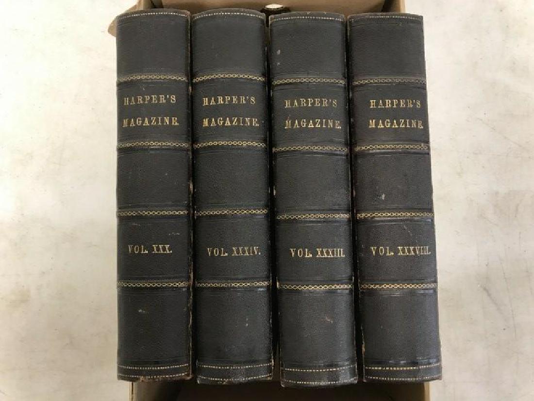 (4) BOUND HARPERS MAGAZINE INCL. CIVIL WAR ERA,: (4) BOUND HARPERS MAGAZINE INCL. CIVIL WAR ERA, INCLUDES DECEMBER 1864 TO MAY 1865, DECEMBER 1866 TO MAY 1867, JUNE TO NOVEMBER 1866, & DECEMBER 1868 TO MAY 1869, OVERALL NICE ESTATE FOUND CONDITION.