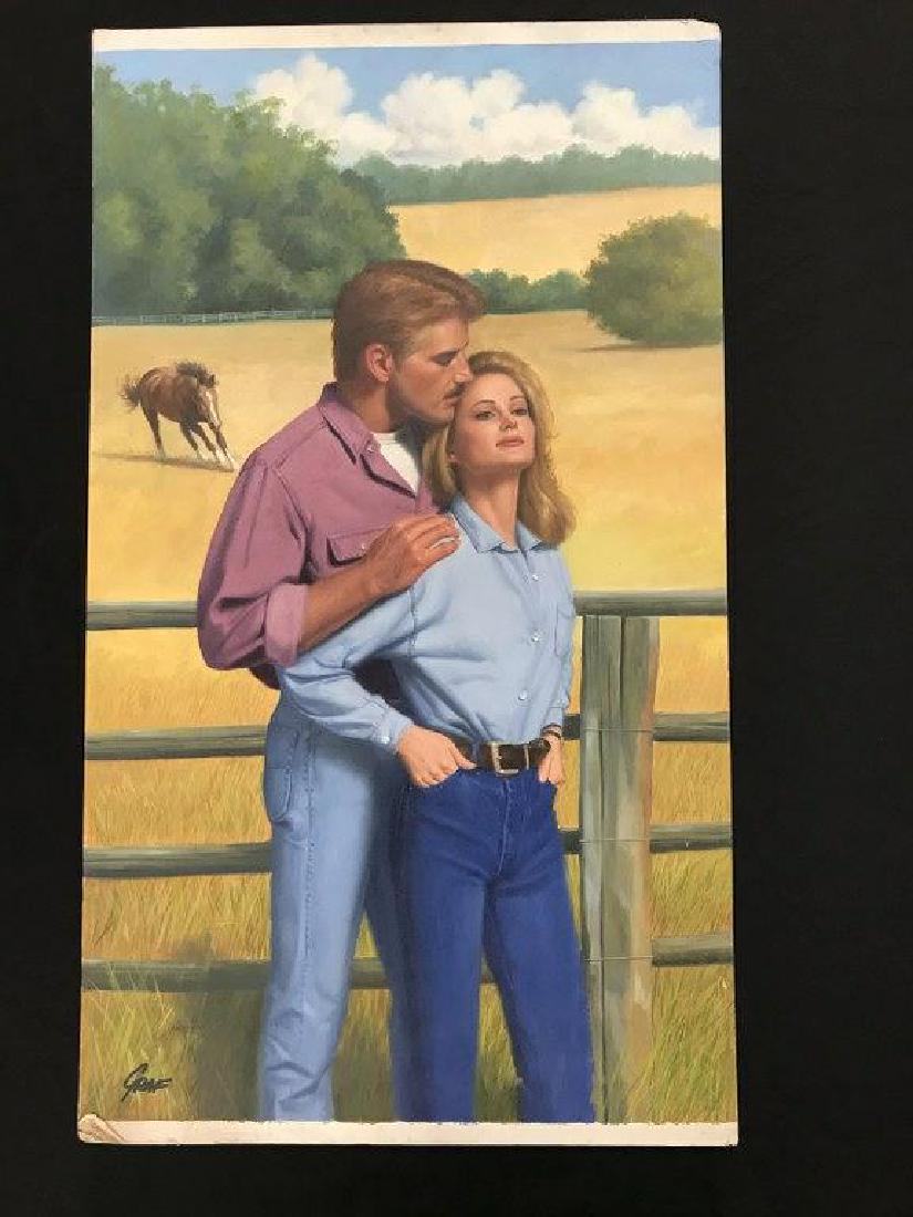 ORIGINAL ILLUSTRATION ROMANCE NOVEL COVER, SIGNED GRAF,: ORIGINAL ILLUSTRATION ROMANCE NOVEL COVER, SIGNED GRAF, OIL ON BOARD, MEASURES 26" X 15", FROM COLLECTION WE ARE SELLING.