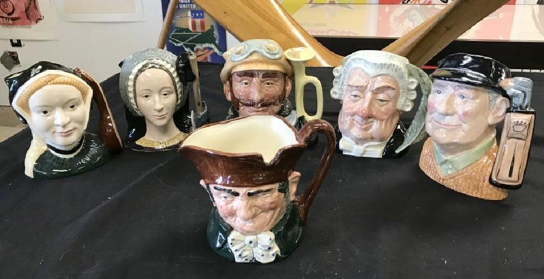 (6) ROYAL DOULTON LARGE CHARACTER PITCHERS, VERY NICE: (6) ROYAL DOULTON LARGE CHARACTER PITCHERS, VERY NICE ESTATE CONDITION, INCLUDES ANNE BOLEYN, GOLFER, THE LAWYER, JANE SEYMOUR, OLD CHARLEY & VETERAN MOTORIST. ALL FROM 6" TO 8" TALLâ€¦..