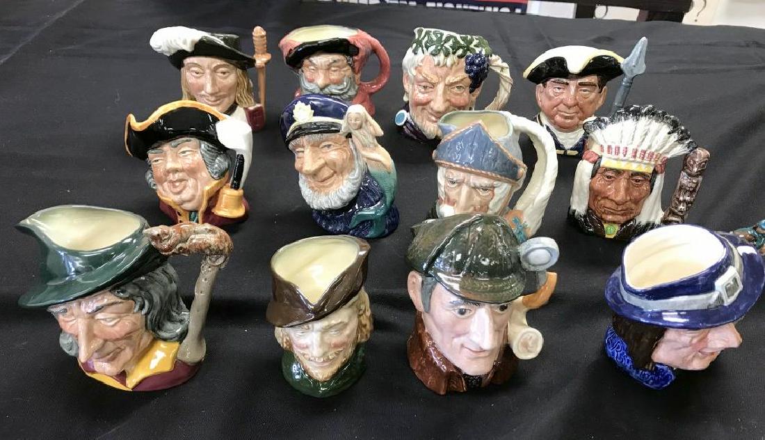 (12) ROYAL DOULTON CHARACTER PITCHERS, ALL IN NICE: (12) ROYAL DOULTON CHARACTER PITCHERS, ALL IN NICE ESTATE CONDITION, INCLUDES NORTH AMERICAN INDIAN, GULLIVER, THE SLEUTH, DON QUIXOTE, PIED PIPER, ROBIN HOOD, TOWN CRIER, OLD SALT, BACCHUS, GUARDSMAN