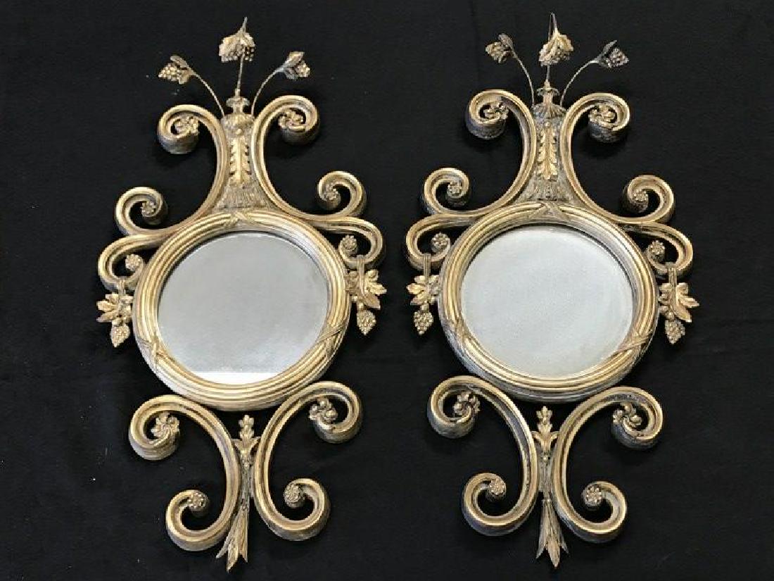 PR. DECORATIVE GOLD MIRRORS, CIRCA 1920'S, WOOD, WITH: PR. DECORATIVE GOLD MIRRORS, CIRCA 1920'S, WOOD, WITH GESSO, MEASURE 25" TOP TO BOTTOM & 13" ACROSS. NICE CONDITION, FROM NICE KINGSTON, N.Y. ESTATE.