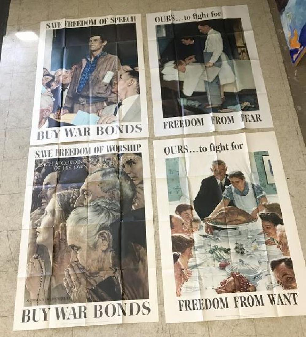 NORMAN ROCKWELL SET (4) LARGE WW II POSTERS, THE SET IS: NORMAN ROCKWELL SET (4) LARGE WW II POSTERS, THE SET IS IN OVERALL NICE CONDITION, DATED 1943, THEY MEASURE 55 1/2" X 40", SHIP FOLDED, FROM COLLECTION WE ARE SELLING.