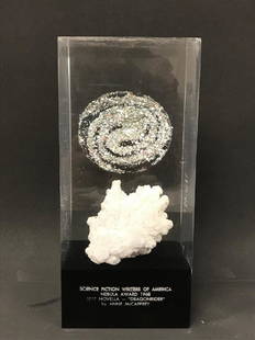 1968 SCIENCE FICTION WRITERS OF AMERICA NEBULA AWARD,: 1968 SCIENCE FICTION WRITERS OF AMERICA NEBULA AWARD, BEST NOVELLA-"DRAGONRIDER" BY ANNE MCCAFFREY, MEASURES 9" HIGH, FROM THE BEARSVILLE ESTATE OF BETTY & IAN BALLANTINE, FOUNDERS OF BANTAM &