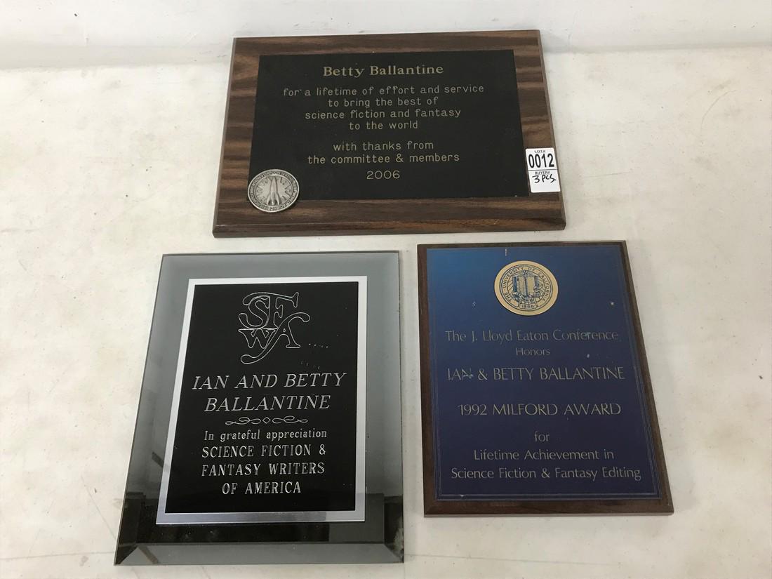 3 AWARDS: IAN & BETTY BALLANTINE IN GRATEFUL: 3 AWARDS: IAN & BETTY BALLANTINE IN GRATEFUL APPRECIATION SCIENCE FICTION & FANTASY WRITERS OF AMERICA, MEASURES 10" X 8"; THE J. LLOYD EATON CONFERENCE HONORS IAN & BETTY BALLANTINE 1992 MILFORD AWAR