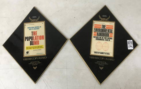 2 1970 1 000 000 COPY AWARDS FOR THE ENVIRONMENTAL: 2 1970 1 000 000 COPY AWARDS FOR THE ENVIRONMENTAL HANDBOOK & THE POPULATION BOMB PRESENTED BY NATIONAL BESTSELLERS INSTITUTE, READ AS PICTURED, MEASURE 16 1/2" X 13 1/4" AT CORNERS, FROM THE