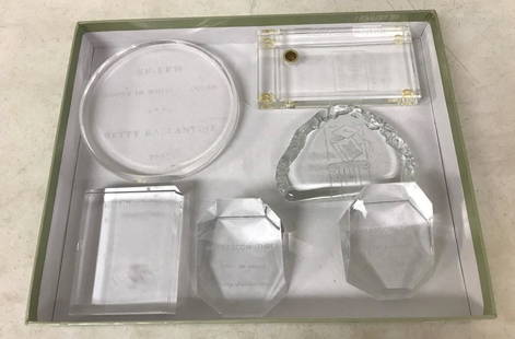 LOT OF 6 AWARDS INCLUDING SF-FFW ROOTS IN WRITING AWARD: LOT OF 6 AWARDS INCLUDING SF-FFW ROOTS IN WRITING AWARD TO BETTY BALLANTINE 2005,THIS IS LUCITE, ALL THE REST ARE GLASS, THE TURNER TOMORROW AWARD TO BETTY BALLANTINE, NOREASCON THREE GUEST OF HONOR